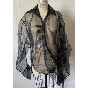 Gaze de Lin Sheer Black Unstructured Asymmetrical Button-down Top Size Medium